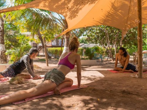 Zona de descanso bajo palmeras en Bela Beach