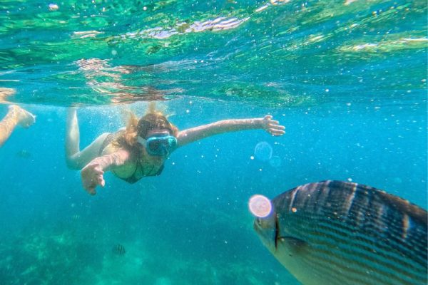Visitante explorando las aguas cristalinas durante una experiencia de snorkel en las Islas del Rosario